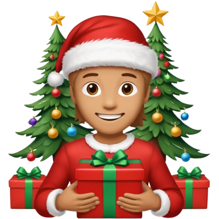 create a realistic emoji of a packaging woker under a christmas tree emoji