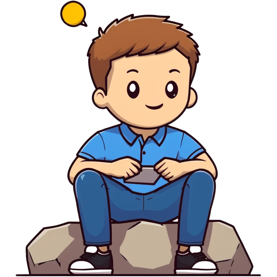 Young man with light skin and short brown hair sitting on stone steps, wearing white polo shirt with blue details and jeans emoji