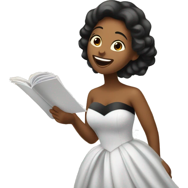 beautiful soprano in a simple strapless dress reading a music sheet and singing opera emoji