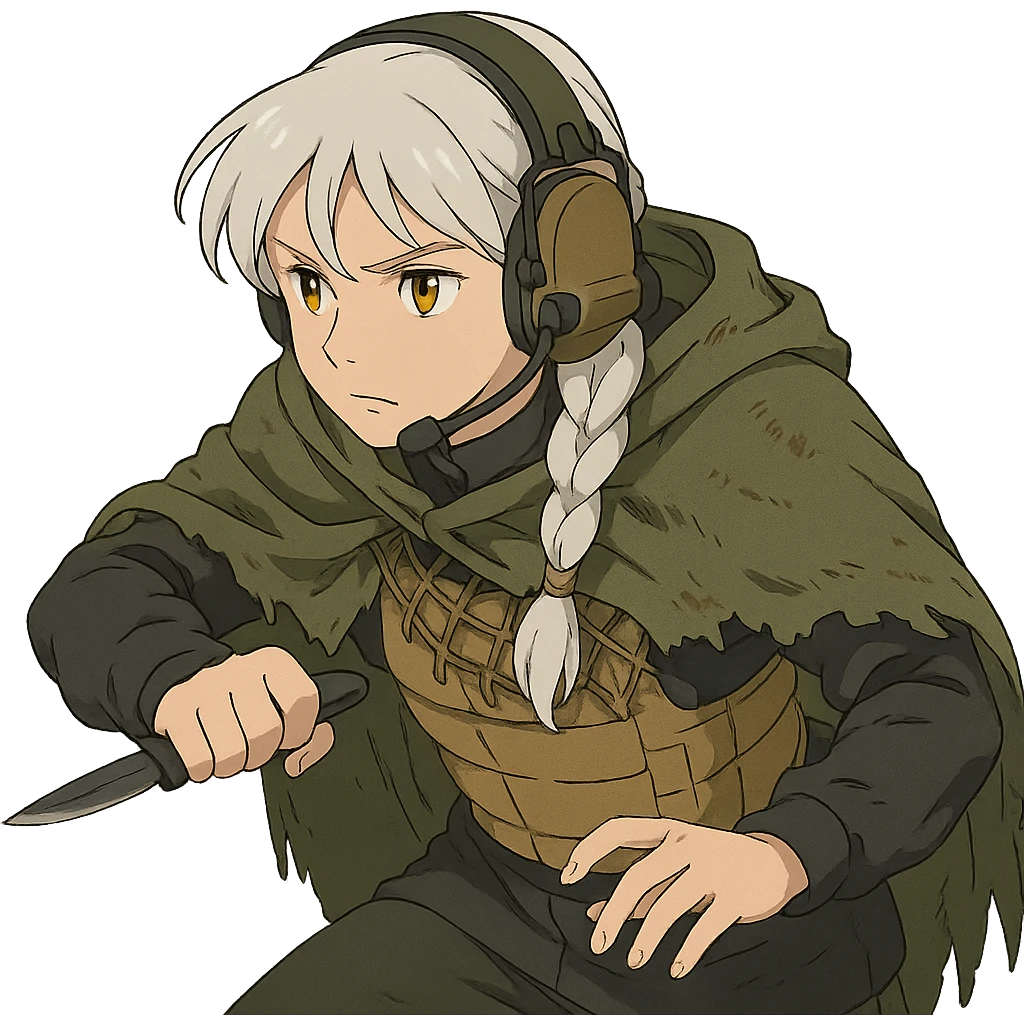 1 female, mid 20's, white hair in a long braid, gold yellow eyes, adorned in a black long sleeve shirt, tan body armor and a worn olive-green cloak with netting holding it together. She wears a COMTAC headset. she is hunched slightly, stealthily, focused on her target, holding a small combat blade at the ready emoji