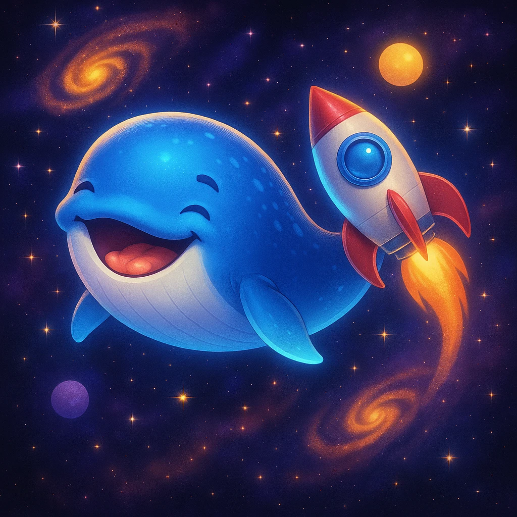 Add a whimsical rocket ship to the glowing happiest whale in space, keeping the cosmic background. The style should be cosmic and glowing as in the reference image. emoji