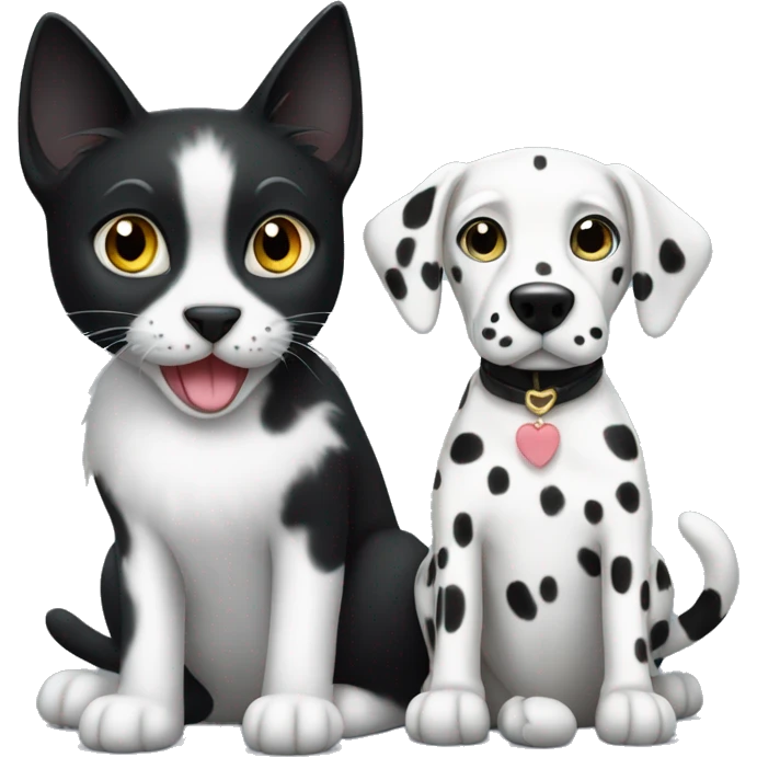 A black cat is sitting with a Dalmatian dog emoji