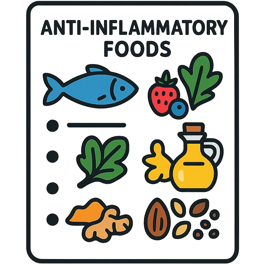 modern illustration of a list of anti-inflammatory foods with icons: blue fish, berries, leafy green vegetables, olive oil, spices (turmeric, ginger), seeds and nuts, light background emoji