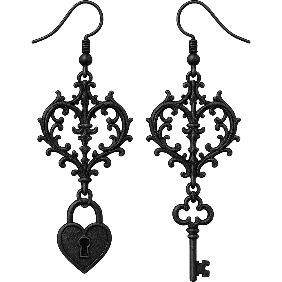 goth earrings, black lock and key, romantic gothic style, intricate, detailed emoji