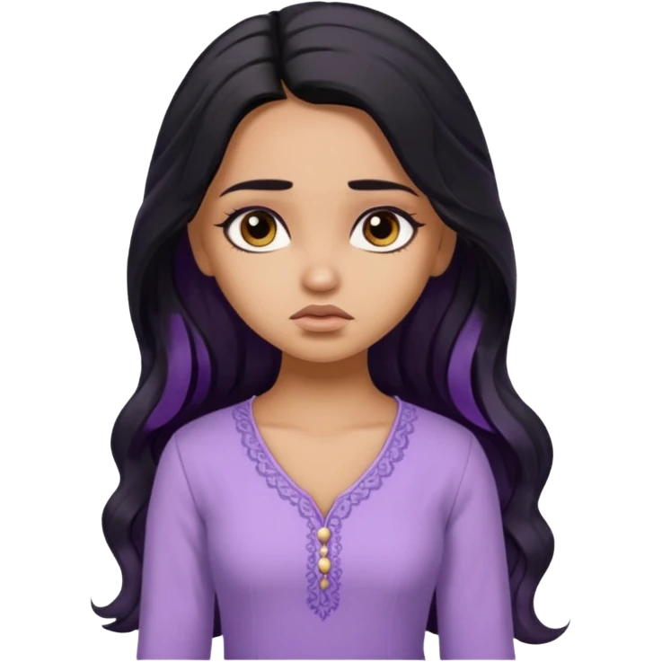 a pretty tan bratz girl with long wavy black hair, wearing a light purple kurti. looking sad emoji