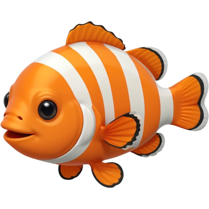 Full body of a clownfish with bright orange and white striped body, small fins, rounded tail, big black eyes, smiling expression, cartoon style, floating in water, front-facing emoji