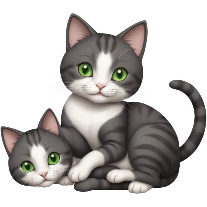 beautiful female solid dark grey cat with green eyes, white toes/paws and white patch on her chest rolling upside down emoji