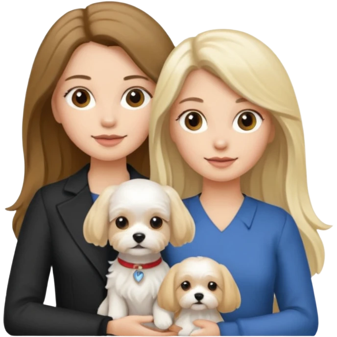 two women are holding only one Maltese dog. one woman is brunette the other woman is blonde long haired  emoji