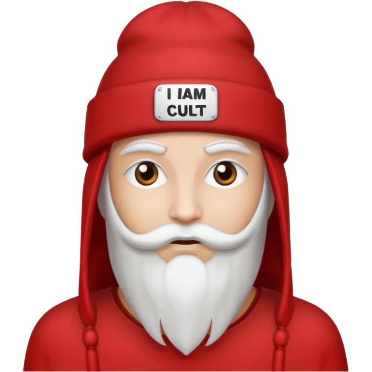 Red hat that says "I AM IN A CULT" in white text emoji