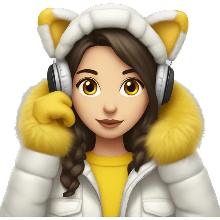 brunette girl yellow fur headphones white down jacket and yellow mittens emoji