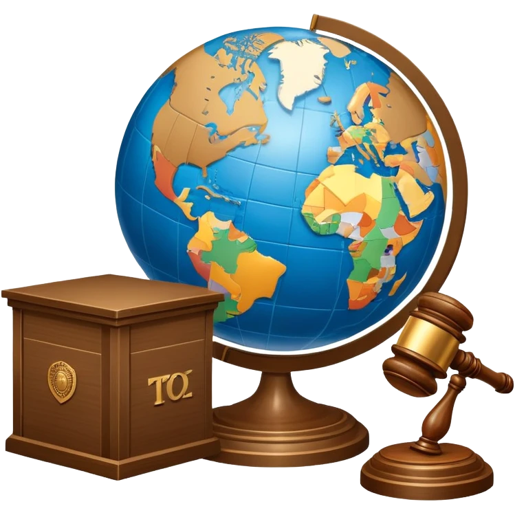 An icon featuring a globe with a gavel and a political map, symbolizing political science. The design includes a ballot box and a podium, representing democracy and governance. Transparent background highlights the study of political systems and global relations. emoji
