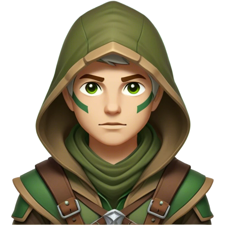 Clash of Clans aesthetic friendly Ranger Portrait Emoji, With a lean, agile build clad in earth-toned leather and green accents, a keen, focused gaze and a weathered hood shadowing determined eyes, his face rendered in a natural skin tone (not yellow), Simplified yet sharply defined features, highly detailed, glowing with a soft, natural woodland radiance, high shine, intelligent and resolute, stylized with an air of forest guardian authority, focused and alert, soft glowing outline, capturing the essence of a confident ranger ready to defend the wild with stealth and valor! emoji
