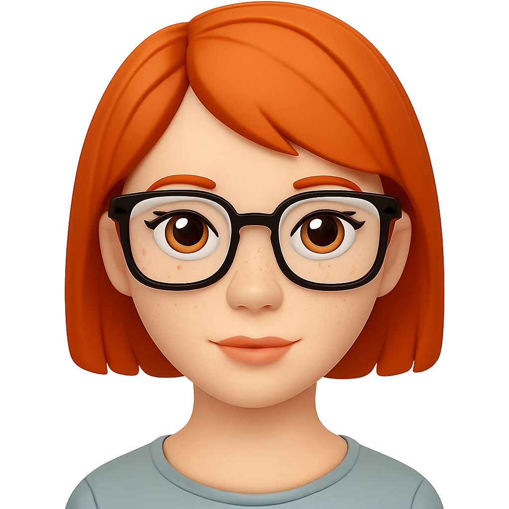 Add glasses to the freckled woman with short hair in emoji style. Remove the background. emoji