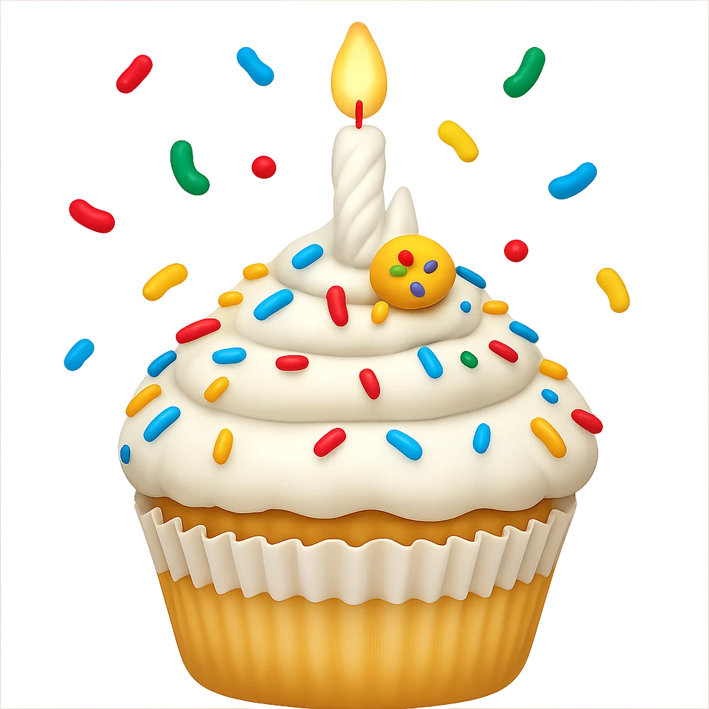 Make this a birthday cupcake with a candle and confetti, keeping the white color and apple emoji style. Remove the background. emoji