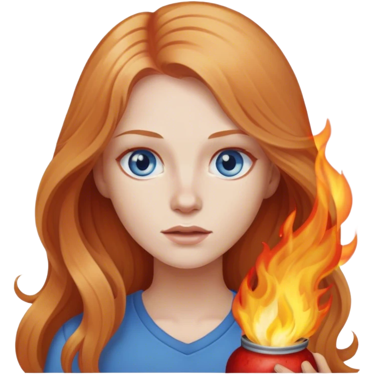 woman with long strawberry blond hair and blue eyes setting things on fire emoji