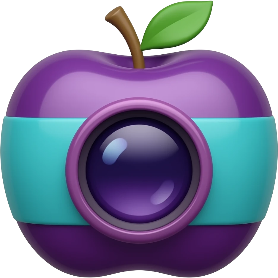 Apple emoji style film camera, glossy 3D rendered, smooth rounded design, deep purple (#610066) and teal (#045F70) color accents on the body, berry (#B4018C) lens ring, soft shading and highlights, white background, square emoji format emoji