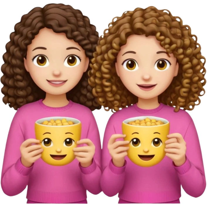 Two girls eating, one brunette with straight hair and another brunette with curly hair, emoji style, first girl has a pink sweater and the second girl has a yellow sweater emoji