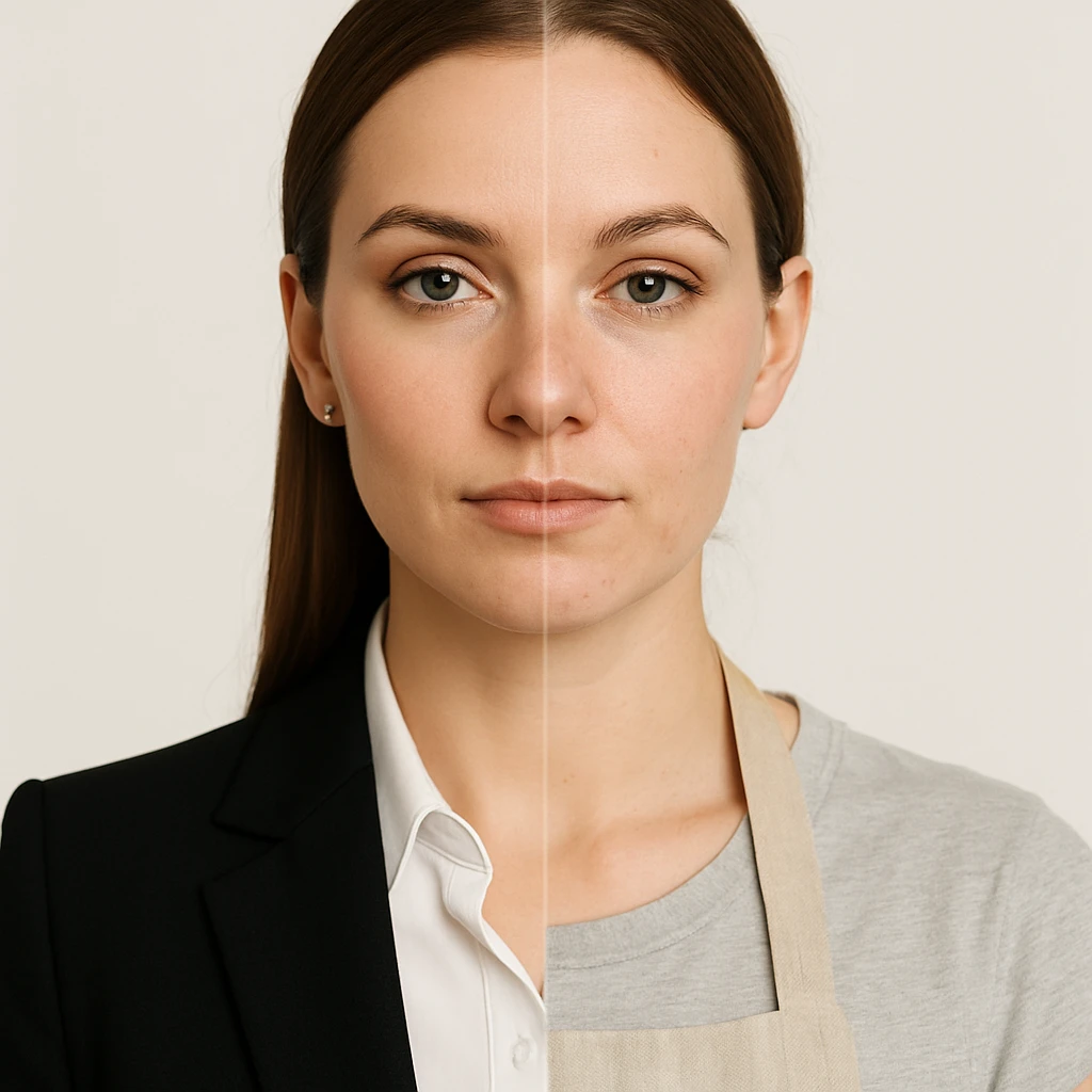 hyper realistic split-image of a beautiful woman, one half of her face with professional makeup and business office attire, the other half natural and makeup-free, wearing a kitchen apron like a homemaker, symmetrical composition, white background, clear contrast between the two roles emoji