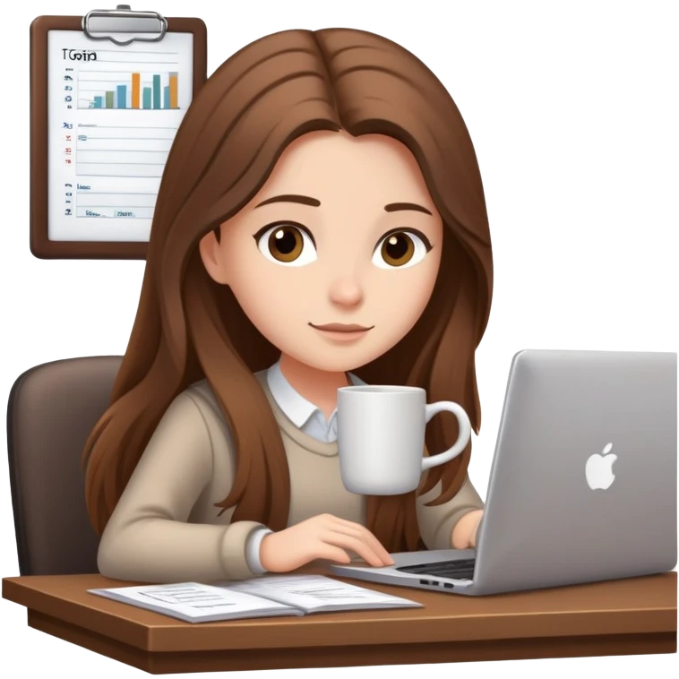 Girl with long brown hair doing bookkeeping at a laptop with a cozy mug beside her officecore elegant emoji