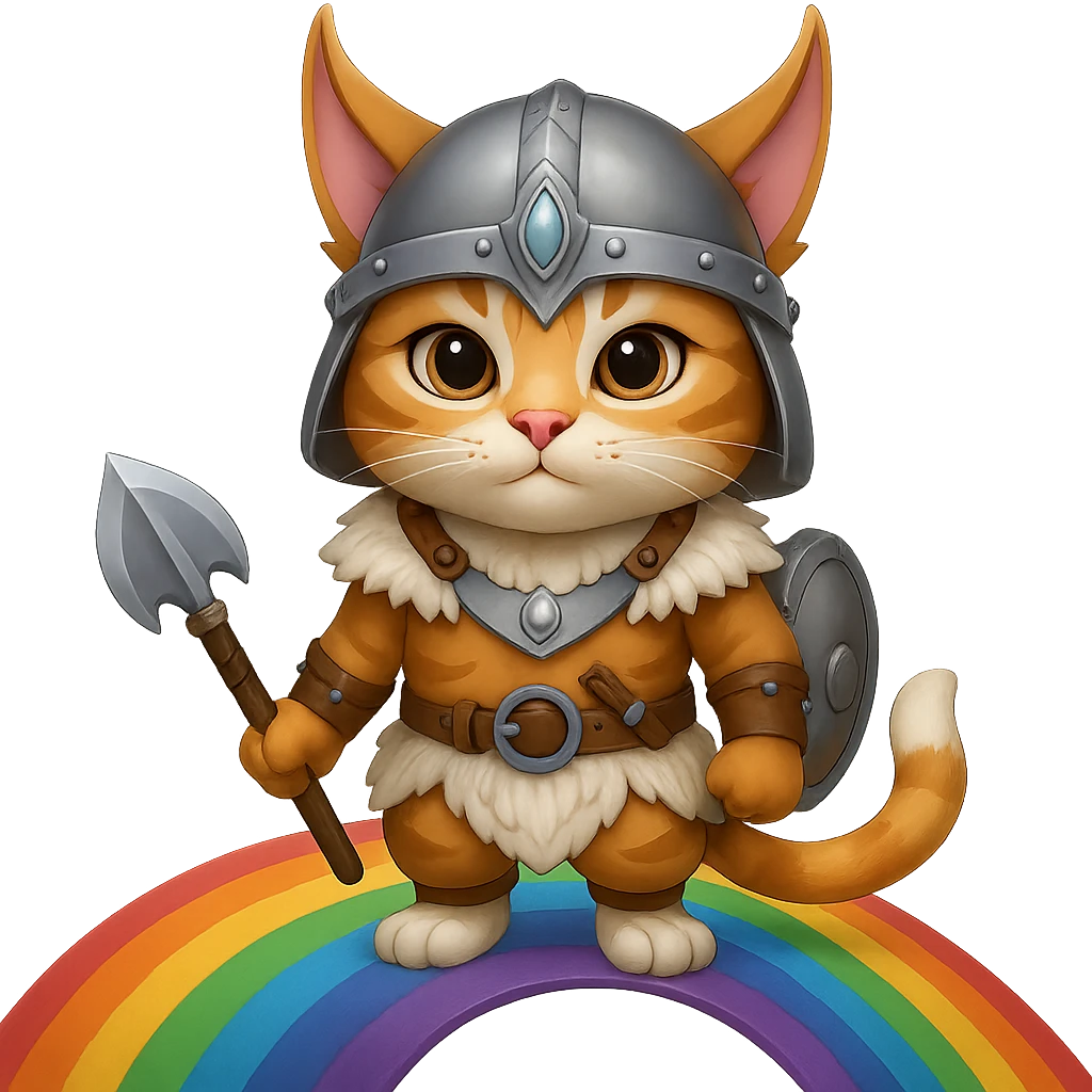 Add a rainbow bridge beneath the valorous Viking cat in Valhalla. Keep the background transparent. The style should match the original image's look and feel. emoji