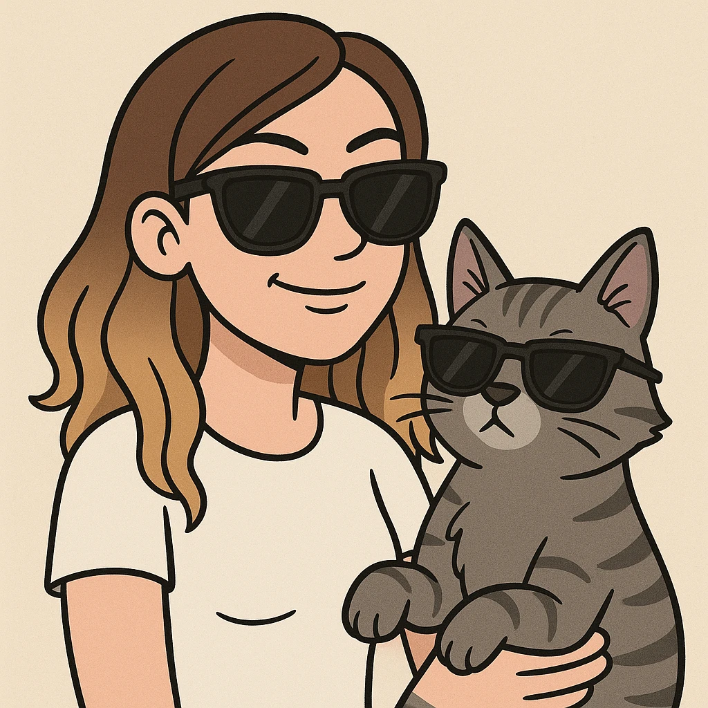 a white woman with light brown ombre hair and a grey tabby cat, both wearing black sunglasses and looking cool, in a cartoon style emoji