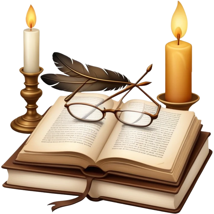 An icon showing an open classic book with elegant pages, a feather quill, and reading glasses resting on top. Behind it, a stack of literary works and a candle evoke deep study and timeless stories. Transparent background highlights the analysis of literature and texts. emoji