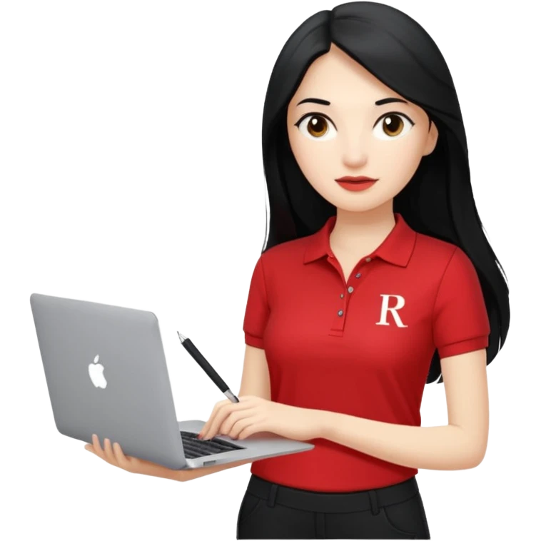Gere um emoj estilo IOS de uma garota branca, de longos cabelos pretos vestida com um uniforme composto por uma camiseta estilo gola polo vermelha com um detalhe escrito em branco a palavra "RODA" e uma calca preta. Ela deve segurar em uma das maos um mackbook e na outra uma caneta emoji