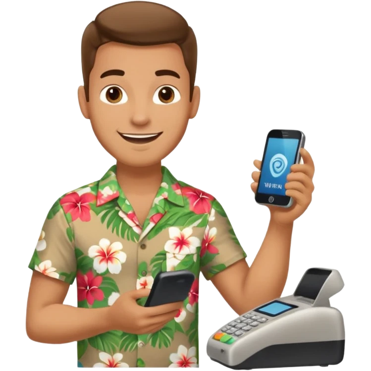 Draw a male tourist who pointed his phone to scan a QR code at a POS terminal. In the style of an Apple emoji emoji