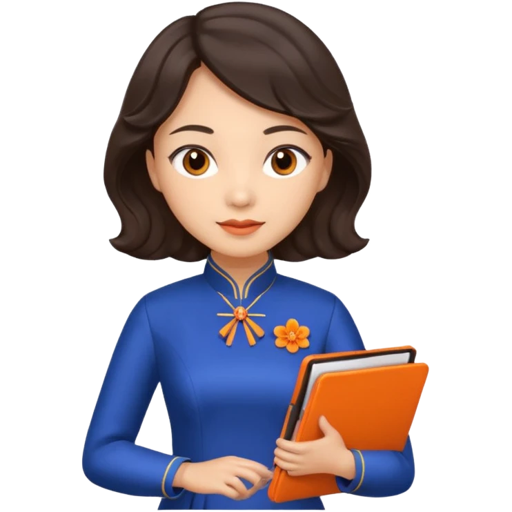 Teacher emoji but : wavy dark brown hair, light skin, no glasses, dark eyes, with a computer folder in the hand (color is orange), being a teacher, wearing a chinese qipao ( dark blue)


 emoji