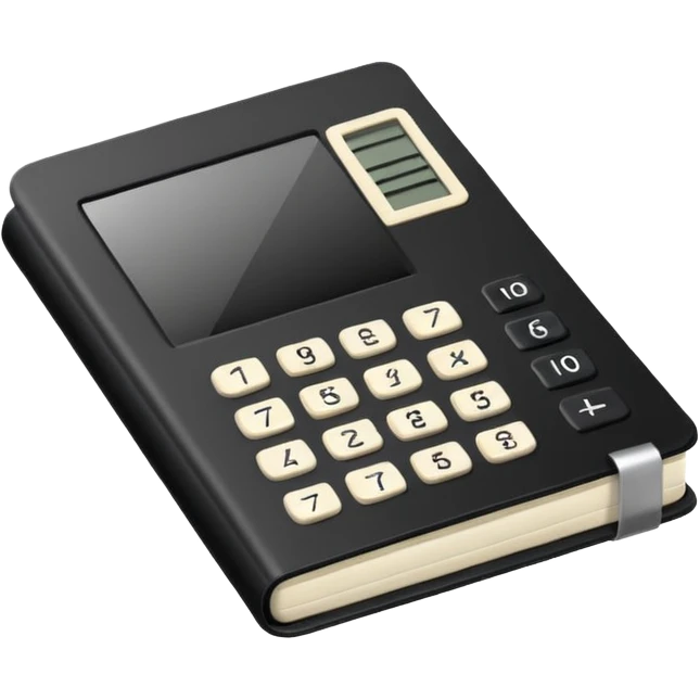 Minimalistic flat vector icon, iOS style, thin black contour on white background. Small black notebook with visible binding, placed next to a calculator. Clean, modern, no text, no shadows. emoji