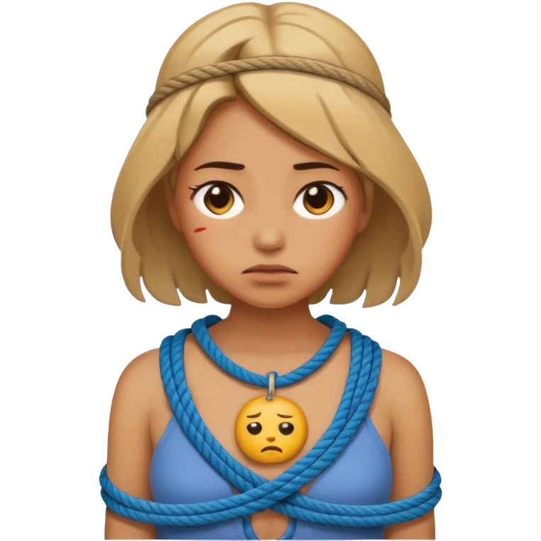 woman bound with rope around her chest, sad face, emoji style emoji