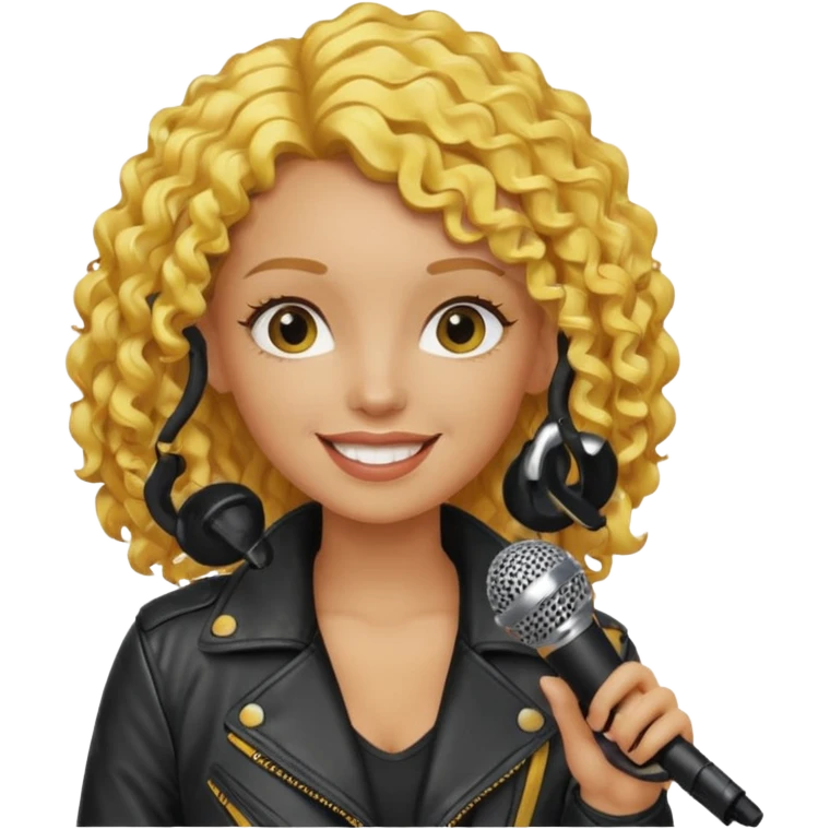 lether jacket  curly yellow hair woman holding microphone emoji