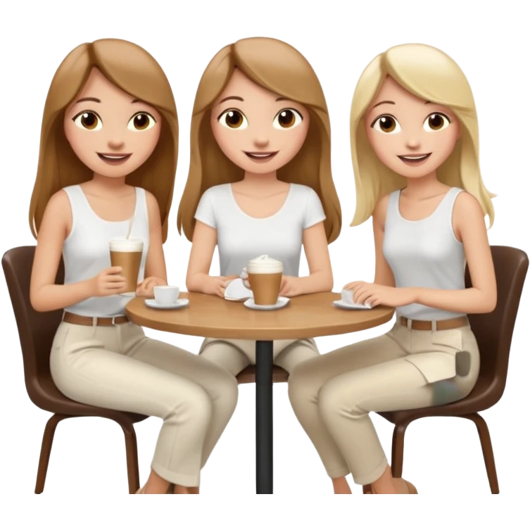 "Cartoon emoji of a girl with long, straight light brown hair, fair skin, brown eyes. Wearing a stylish white top and chic pants. Sitting at a café table, laughing and smiling, full of joy. Next to her, two friends: one blonde, one with black hair, one with brown hair. Smooth, simple, stylized emoji
