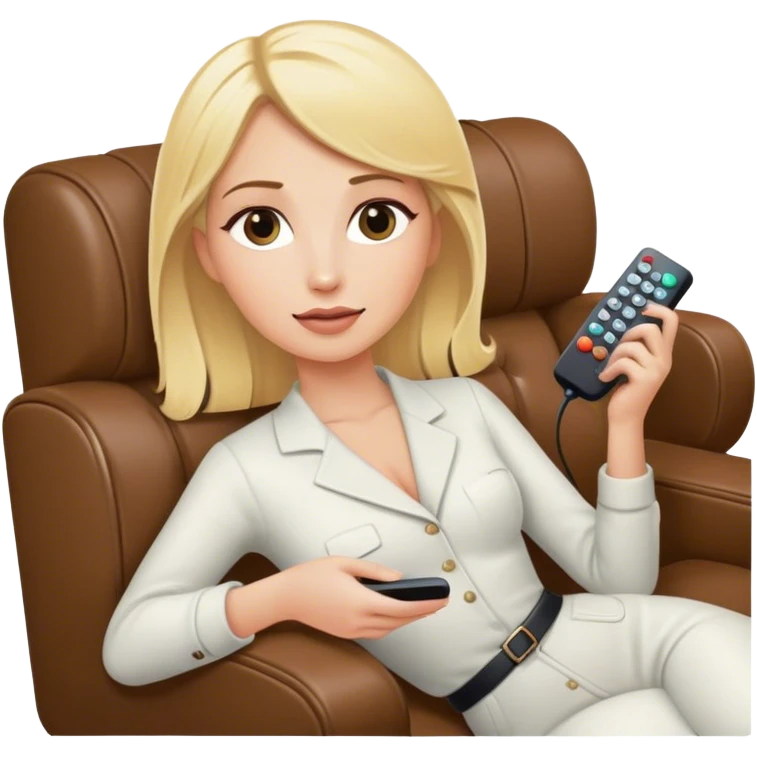 a blonde woman laying in a coach with a remote in her hand emoji