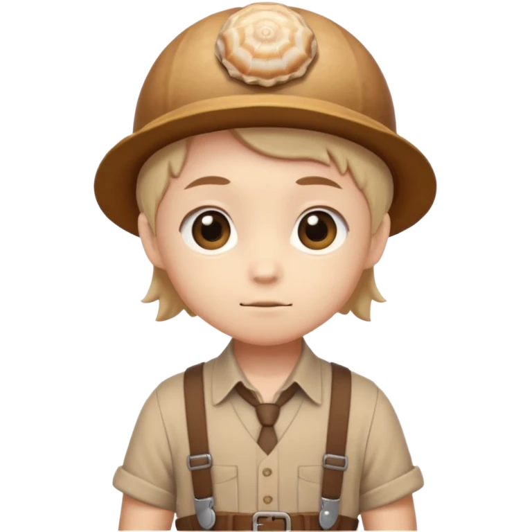Shelly has a small, chibi-style body with a large ammonite-shaped head that looks like a beige fossil shell. One side of her head has a dark opening, making it clear she isn’t human. Her face is simple and soft, with big round eyes. She wears a brown suspender outfit over a lighter shirt emoji