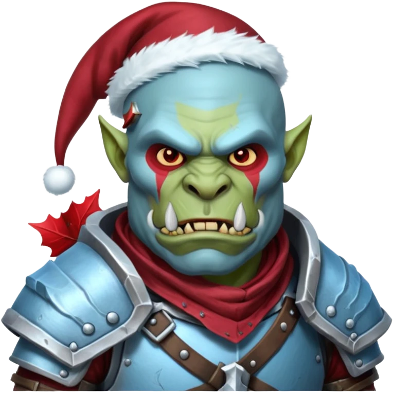 
Fantasy Christmas orc legion soldier icon, iron tundra army theme, heavy winter armor, disciplined brutal look, icy blue steel armor with deep crimson accents, frozen metal texture, cold winter atmosphere, male variant emoji