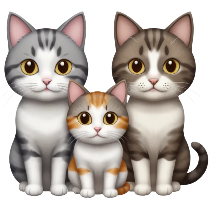 3 different coloured short haired cats including; a dark brown tabby and white cat, and a dark grey and white  emoji