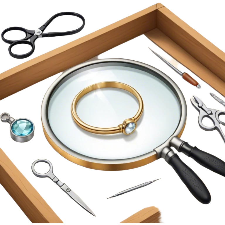 Create an icon that represents the art of jewelry making. The design should feature 1-2 pieces of jewelry, such as a ring or necklace, in progress. Include a small workbench or table, a magnifying glass, and tools like pliers and tweezers. The composition should feel elegant and detailed, showcasing the precision and skill involved in crafting jewelry. The background should be transparent. emoji