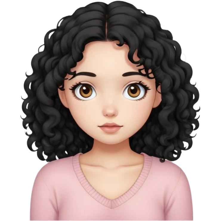 a girl with long black curly hair, very big  round eyes, and peachy cheeks. She is wearing a slightly low-cut pink knit top like Brandy Melville style. She looks like a warm and confident English literature student..
.
 emoji