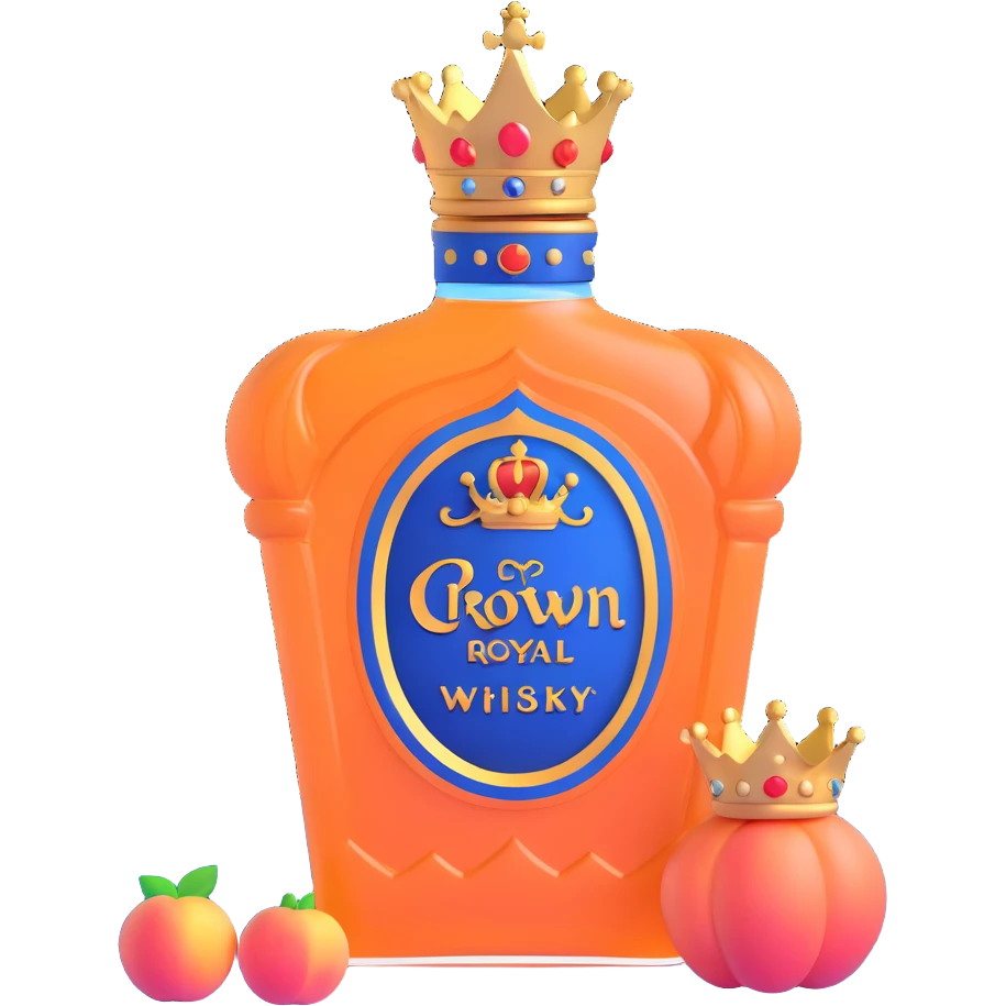 Crown Royal Peach whisky bottle with peach-colored bag and gold crown emoji