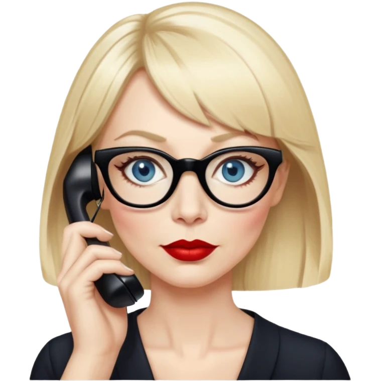 Woman in her early 50s with pale skin, wider face, blue eyes with eyeliner, thin eyebrows, red lipstick, blonde hair up with bangs, wearing black glasses. Talking on a phone  emoji