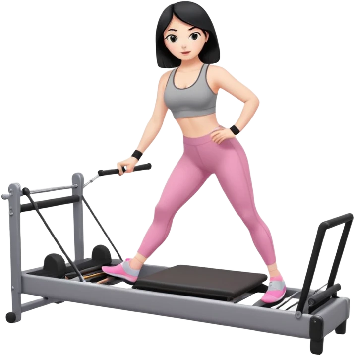 Create a Pilates emoji: a girl with fair skin and black hair, wearing a grey bra and leggings with pink socks, exercising on a pilates reformer and not looking at the camera emoji
