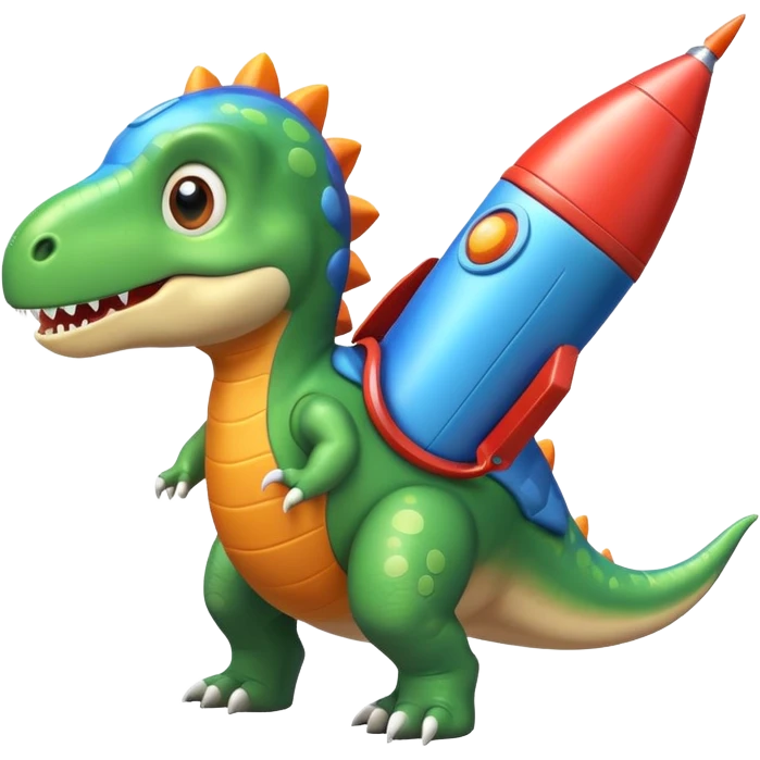 cute toy-like rocket-propelled dinosaur, rounded shapes, glossy texture, colorful rocket backpack, happy expression, 3D cartoon, mobile game icon style, clean background, no text, no watermark
 emoji