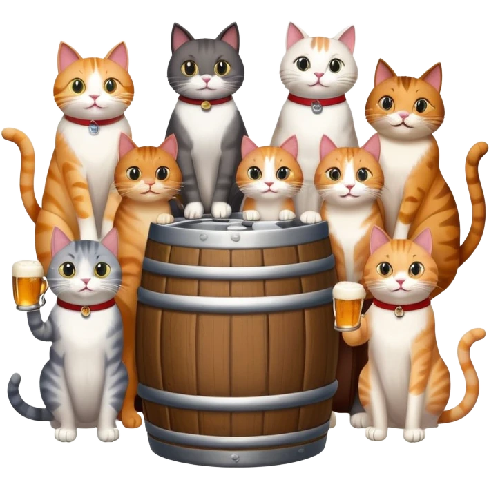 seven distinct cats standing around a beer keg, each cat drinking, all with goofy playful expressions emoji
