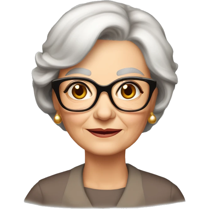 80 years old girl
Short straight brown hair with bob styling
light skin small square 
glasses with refined frame
Brown eyes with cat eye liner emoji