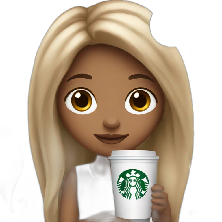 White cute girl with long brown hair holding starbucks drink emoji