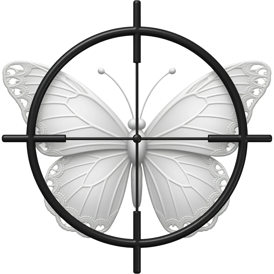 subtle elegant white butterfly, 3D emoji gothic butterfly, white velvet, white filigree, white lace trim, large black sniper crosshair overlay emoji