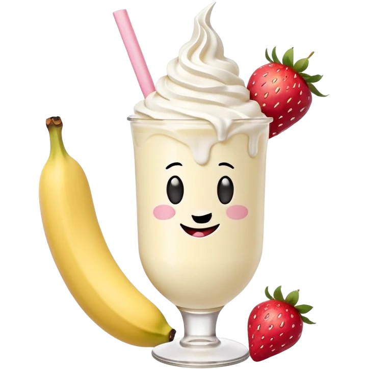 Milkshake vanilla with a banana sticking out of the milk shake it and two strawberries on both sides of the banana at the very tip of the banana, whipped cream and a smiley face emoji