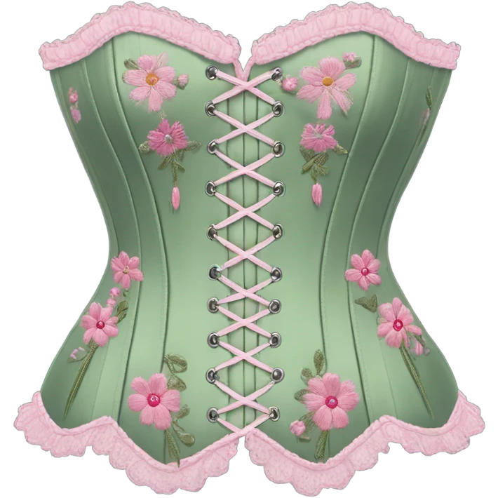 Sage green corset with flower embroidery and pink bows, isolated emoji