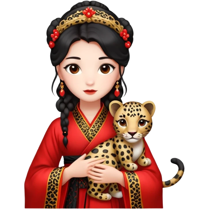 A beautiful girl in red Hanfu wedding dress is holding a black leopard emoji
